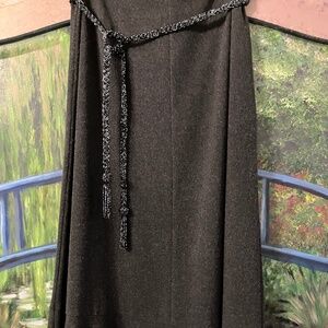 Joseph Ribkoff mid calf length gray skirt with hem flounce.